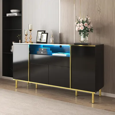 Image de MODFU Buffet Design Contemporain avec LED Intégrée et Tiroir - Meuble de Rangement Élégant en MDF et Panneaux de Particules - Noir Brillant