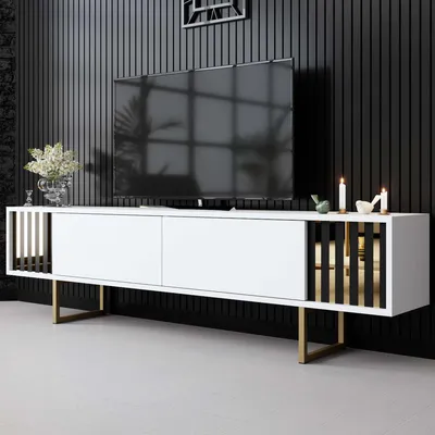 Produktbild von Skye Decor, Gold Line - White, Gold, TV-Ständer, Weiß, 100 % MELAMINBESCHICHTETE SPANPLATTEN, 180 x 48 x 30 cm