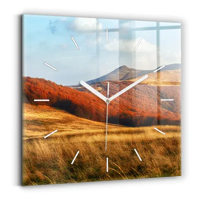 Produktbild von Wallfluent Wanduhr – Stilles Quarzuhrwerk - Uhr Dekoration Wohnzimmer Schlafzimmer Küche - Zifferblatt mit Striche - weiße Zeiger - 30x30 cm - Berglandschaft