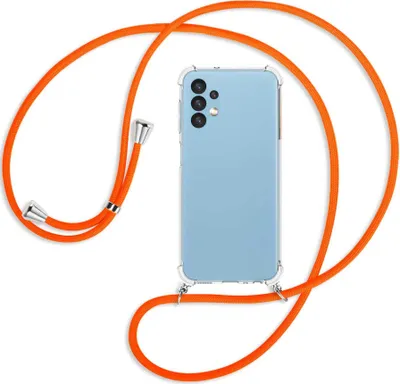 Produktbild von Handykette Backcover-Schutzhülle mit Band (Metall silberfarben) für Samsung Galaxy A13 4G - neonorange
