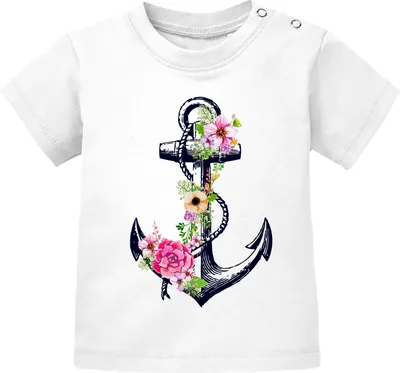 Produktbild von Baby T-Shirt kurzarm Babyshirt Blumen Anker Flower Anchor Watercolor Mädchen Shirt Moonworks® weiß 68/74 (4-9 Monate)
