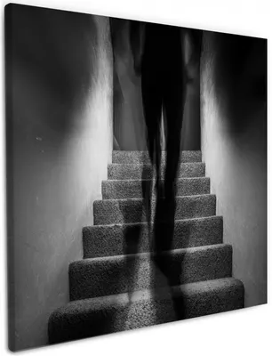 Produktbild von Wallario Premium Leinwandbild Mysteriöse Treppe mit Schattenfigur - Schwarzweiß in Größe 50 x 50 cm