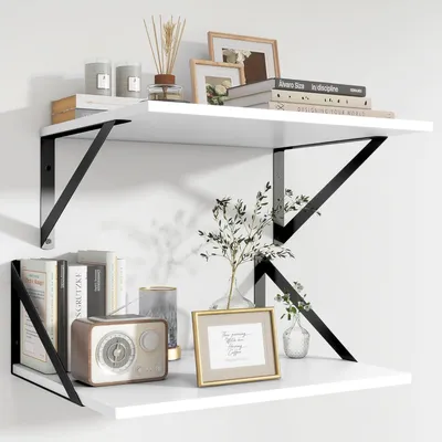 Produktbild von Schweberegal 2er Set, Weiß, 40 x 30 x 15 cm, Metallhalterung, Bücherregal Für Wohnzimmer Küche Badezimmer