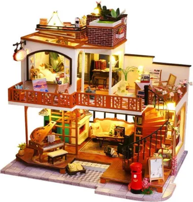 Image de Habarri | Maison Miniature - DIY Maison de Poupées - Maison en Bois avec Meubles et éclairage LED - Cadeau pour Enfants - Villa Rétro