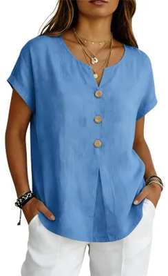 Produktbild von ASKSA Damen Tshirt Musselin Sommer V-Ausschnitt Knopfleiste Leinenbluse Locker Elegant Einfarbig Oberteile Top (Dunkelblau,XXL)