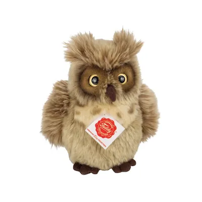 A plush owl toy is shown against a white background.
