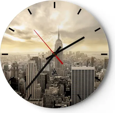 Produktbild von Wanduhr - Rund - Glasuhr - Stadt Wolkenkratzer Manhattan New York - 40x40cm - Schleichendes Uhrwerk - Lautlos - zum Aufhängen bereit - Dekoration Modern - Wanddekoration aus Glas - C3AR40x40-2630