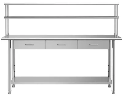 Produktbild von Gastronomie Arbeitstisch 1829 x 610 x 1400 mm, Edelstahltisch mit Grundboden & 3 Schubladen & Doppelaufsatzbord