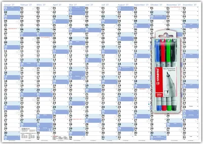 Produktbild von XL Wandkalender DIN A1 2027 blau, nass abwischbar inkl. Stifteset Format 59,4 x 84,1cm Jahresplaner Wandplaner Kalender werden gerollt versendet