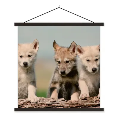 Produktbild von MuchoWow® Textilposter Wolf - Kind - Holz 60x60 cm mit schwarzem Rahmen - Posteraufhänger