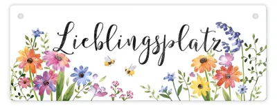 Metallschild Blumenwiese mit Spruch Lieblingsplatz, 7,5x20 cm