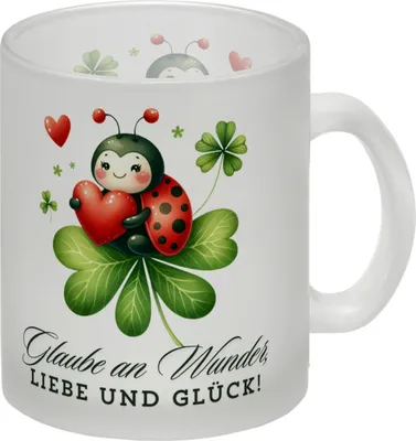 Produktbild von Marienkäfer Glas Tasse mit Spruch Glaube an Wunder, Liebe und Glück!