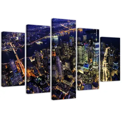 Produktbild von 5-teiliges leinwandbild new york bei nacht 200x100 cm Feeby lila wandbild bereit zum aufhängen