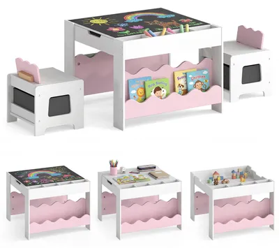 Produktbild von COSTWAY Kindertisch mit 2 Stühlen, Kindersitzgruppe, 4 in 1 Kinder Maltisch mit Tischplatte, Bücherregal & Stoffschubladen für Kinder ab 3+, Rosa