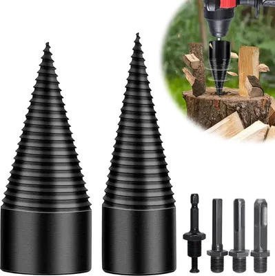 Produktbild von Bohrkegel Holzspalter 42mm + 32mm, Kegelspalter mit 4 Bohrgriffe, Brennholzspalter Bohrer Brennholzbohrer Bohrkegel Holzspalter