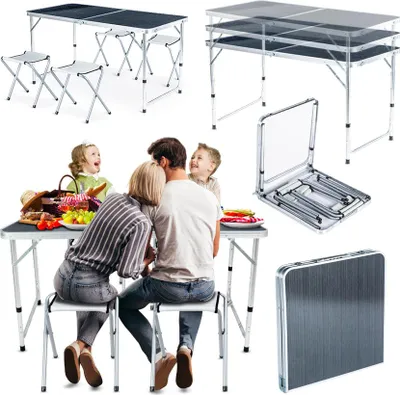 Obrázek produktu pro Outtec® kempingový stůl se 4 židlemi - 120 x 60 cm - výškově nastavitelný malý stůl, skládací stůl, balkónový stůl, stůl - pro kempování, balkón, zahradu, pláž
