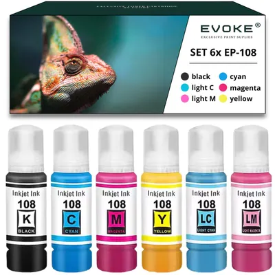 Produktbild von Evoke kompatible Tinte für Epson 108 6x Foto:Schwarz,Cyan,Magenta,Gelb,Hellcyan,Hellmagenta 420 ml 39600 Seiten EcoTank L8050 L18050