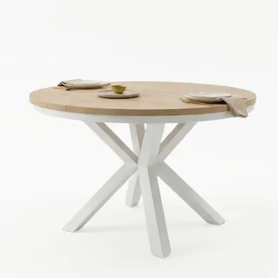 Image de Table ronde à rallonges pour salle à manger RAL avec piétement en anneau, style loft, industriel, diamètre : 120 / 220 cm, couleur : chêne wotan / blanc