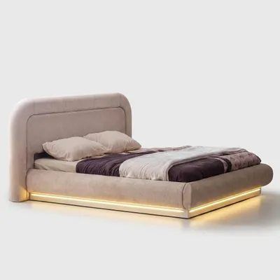Image de Lit beige moderne et élégant avec éclairage LED, lit suspendu, chambre à coucher de luxe
