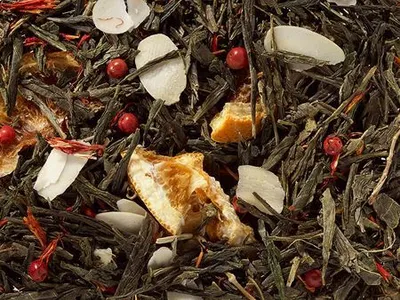 Produktbild von 1 kg Grünteemischung Sencha Tannengrün (Mandel-Orangen-N.) aromatisiert