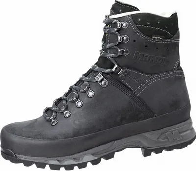 A black hiking boot on a white background.