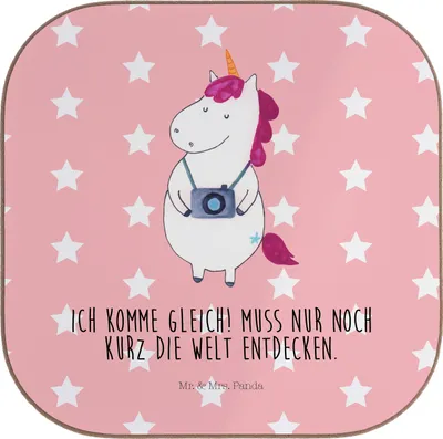 Produktbild von Mr. & Mrs. Panda Tischuntersetzer Einhorn Fotograf - Rot Pastell - Geschenk, weinglasuntersetzer, Untersetzer Gläser, Städtereise, Urlaub, Unicorn, Coaster, für, Reise