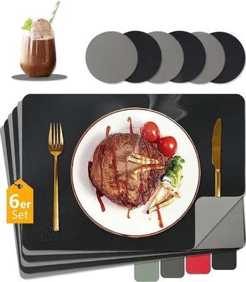 Produktbild von Famanu Platzsets Set von 6 - Wasserfest, hitzebeständig, schwarz und grau
