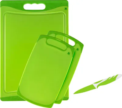 Produktbild von 4tlg. KING® Schneidebretter-SET KÜCHEN FAN / Farbe: grün / 3x Schneidebretter mit 1x Universalmesser / Edelstahl beschichtete Messerklinge
