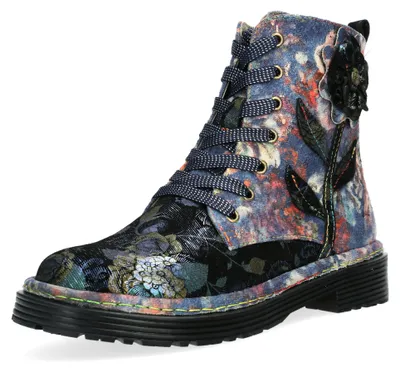 Produktbild von Laura Vita Damen Stiefelette Blumen-Aufnäher glänzende Prägung INCASO 24, Größe:38 EU, Farbe:Blau