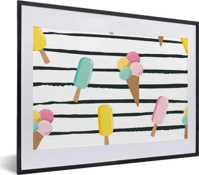 Produktbild von MuchoWow® Gerahmtes Poster Sommer - Eiscreme - Pastell - Streifen 40x30 cm - Poster mit Schwarzem Bilderrahmen Wandposter Rahmen Foto Bilder - Bilderrahmen - Poster im Rahmen