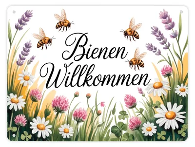 Produktbild von Wildblumenwiese Bienen willkommen Metallschild XL in 21x28 cm