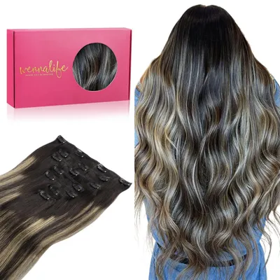 Produktbild von Clip in Extensions Echthaar 40cm 120g 7tlg Balayage Schwarz-Hellblond Remy