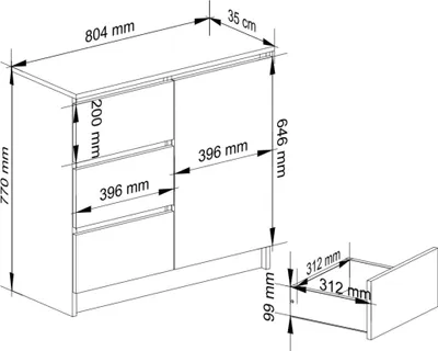 Obrázok produktu pre Komoda 80 cm s 3 zásuvkami a 1 dvierkami, príborník, skriňa, 77 cm vysoká