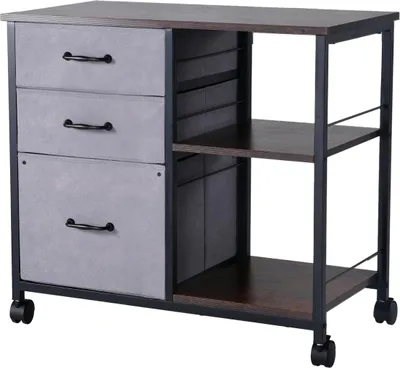 Image de Armoire métallique mobile avec 3 tiroirs en tissu et 2 étagères ouvertes, marron