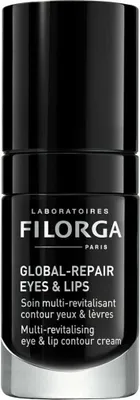 A black and silver bottle of Filorga Global-Repair Eyes & Lips cream against a white background.