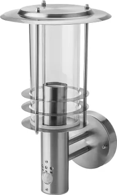 Produktbild von Grafner Design Edelstahl Wandlampe mit Bewegungsmelder, 1x E27 Fassung, IP44, 360° rundum Lichtschein, für außen und innen, Wandleuchte Lampe Außen Hoflampe PIR