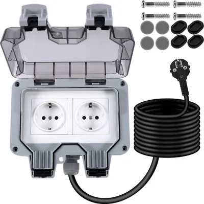 Produktbild von Außensteckdose Gartensteckdose Outdoor Steckdose 16A IP66 Wasserdicht Staubdicht Wandsteckdose 2 Loch - Kabel 6m