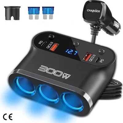 Immagine prodotto di Caricabatteria da auto 12 V 7 in 1 con doppia porta USB PD 3.0 e QC 3.0, interruttore di tensione a LED - Ideale per tablet, smartphone, GPS e altro ancora
