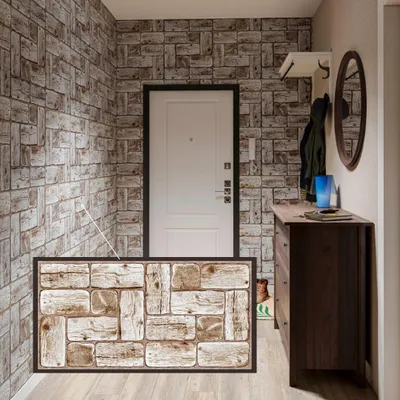 An entryway with a door, a dresser, and a wall covered in brick-patterned wallpaper. A rug with a wood block pattern is in the foreground.