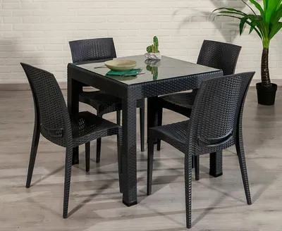 Image de Ensemble de meubles de jardin noirs Chaises design en rotin Table en verre élégante