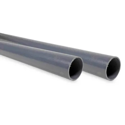 Two gray PVC pipes are shown against a white background.