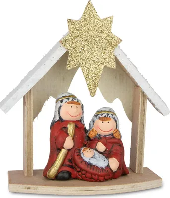 Produktbild von Krippe mit 3 Figuren | Keramik & Holz | 14x15 cm | rot gold | 12477
