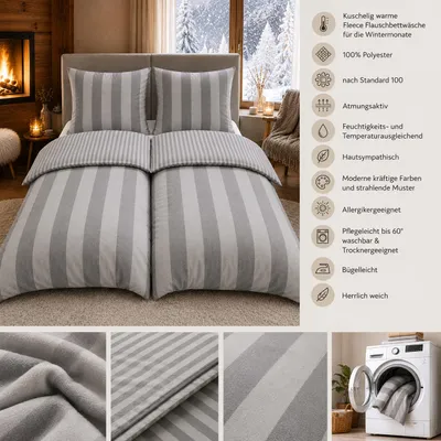 Produktbild von Bettwäsche Winter Flausch Fleece Thermofleece warm 2 teilig mit RV 135x200 + 80x80 cm Design: Edle Streifen Silber, KI-generiertes Bild