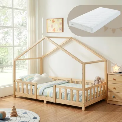 Zdjęcie produktu dla Łóżko dziecięce "Treviolo" z materacem i zabezpieczeniem przed wypadnięciem 90x200cm naturalne drewno
