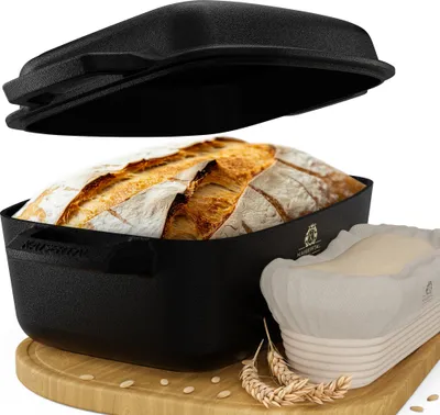 KAISERTAL® Gusseisen Bräter mit Deckel [inkl. Gärkorb] - Backofengeeignet, Brotbacktopf aus Gusseisen
