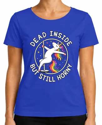 Imagen del producto de Camiseta para mujer, color azul, talla M. Diseño: "Muerta por dentro, pero aún así con ganas". Frase humorística y sarcástica