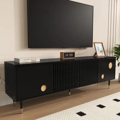 Image de okwish Meuble TV moderne avec poignées cachées, structure à grille, 2 portes bois etReproduction doré – noir