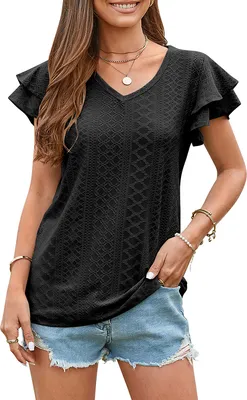 Produktbild von ASKSA Damen T-Shirt Rüschenärmel Bluse Sommer Elegant Oberteile Casual V-Ausschnitt Loose Shirts, Schwarz, XXL