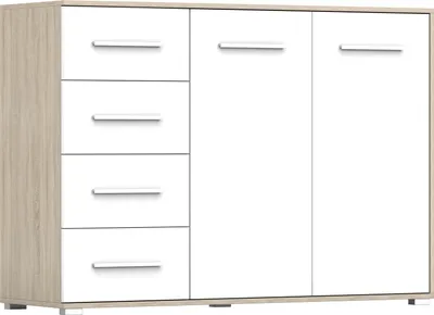 Produktbild von 2er-Set Schwebetürenschrank Schrank Kleiderschrank mit Spiegel Sonoma/Weiß 150cm Vista 05 mit Kommode 135cm FRIDA 01