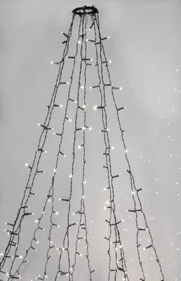 A string of white LED lights arranged in a conical shape, resembling a Christmas tree, against a light gray background.